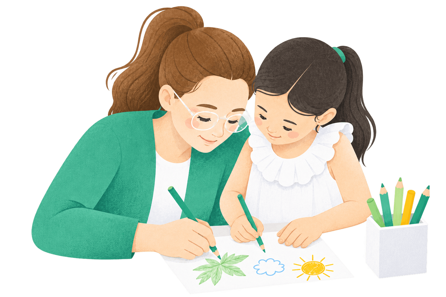 A caregiver and child drawing together